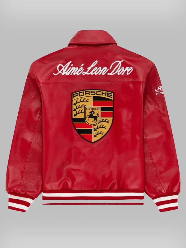 Back and embroidery details of the vintage motorsport red leather jacket on a hanger