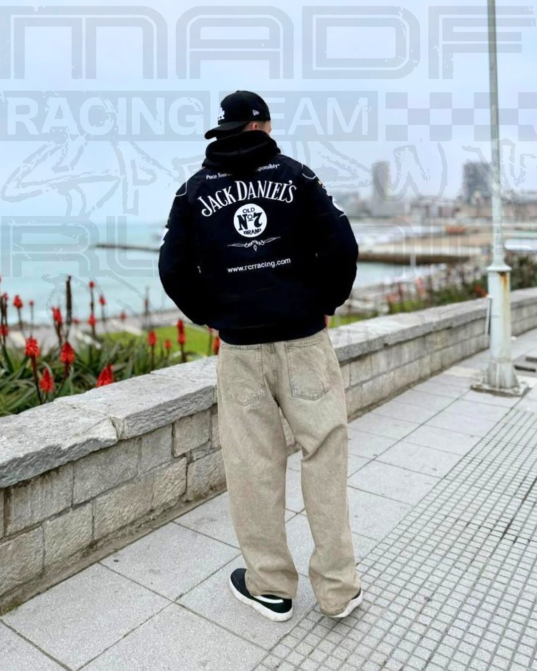 Oversized Jack Daniels Printed Jacket Back View Perspective - Streetbred
