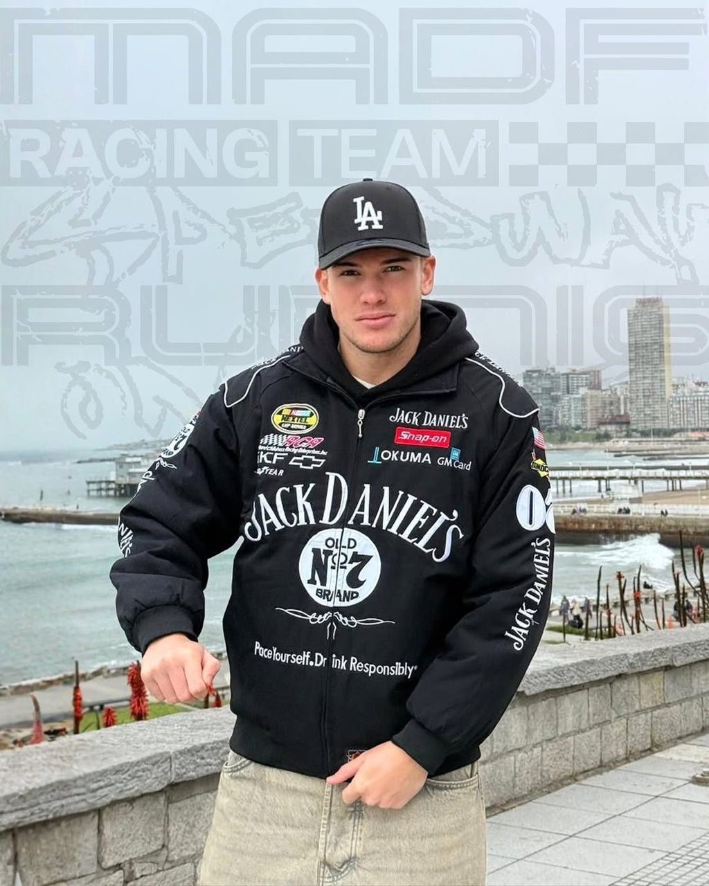 Close-up of Jack Daniels Jacket Graphics and White Sleeve Patches
