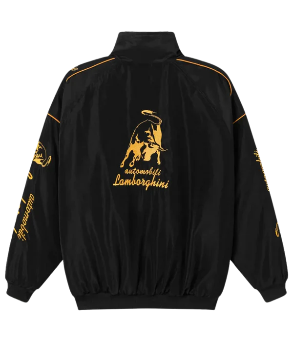 Flat Lay View of Lamborghini Embroidered Jacket - Black and Orange Racing Style
