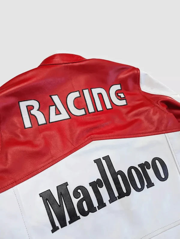 Flat Lay Back View Marlboro Leather Jacket - Large Back Embroidery Detail
