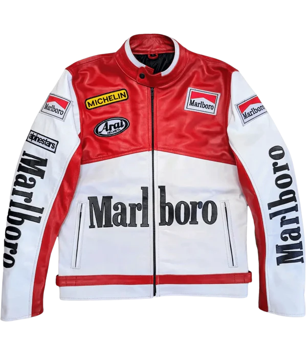 Flat Lay Front View Marlboro Leather Jacket - All Embroidered Patches Detail