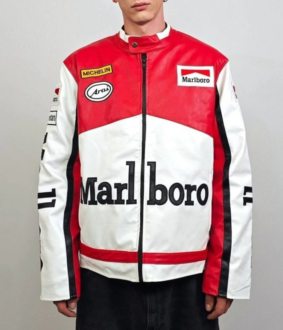Marlboro Racing Premium Leather Jacket Front View - Male Model Streetwear
