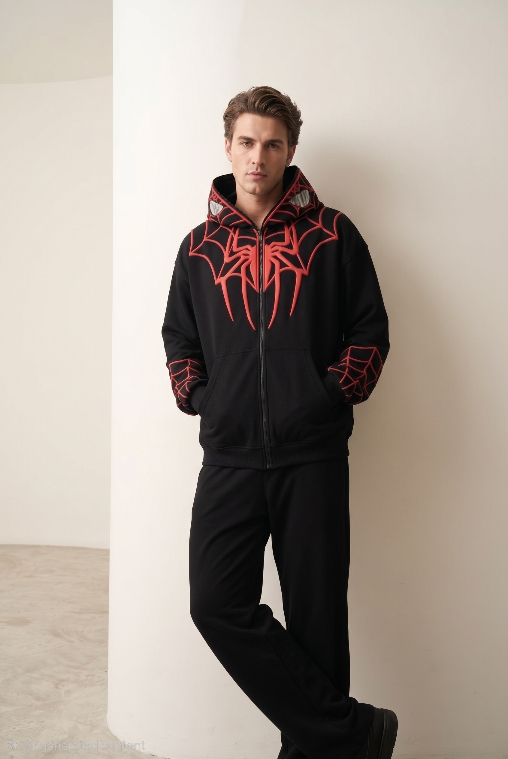 Male Model styling the Stealth Black Miles Morales Spider Hoodie
