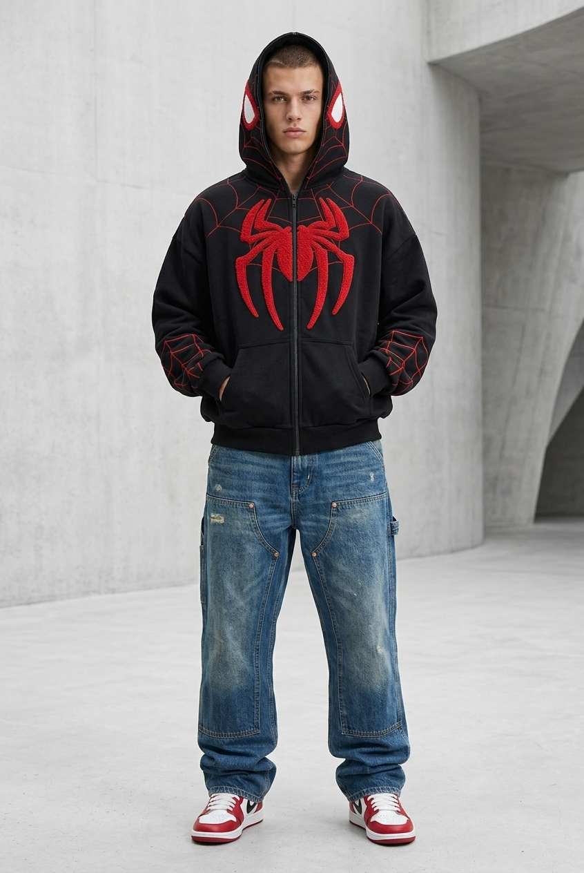 Male model wearing the heavy GSM black Spiderman embroidered streetwear hoodie