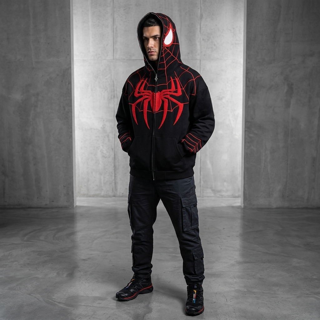 malestreetwear model styling the oversized black Spiderman embroidered zip-up hoodie for a clean aesthetic