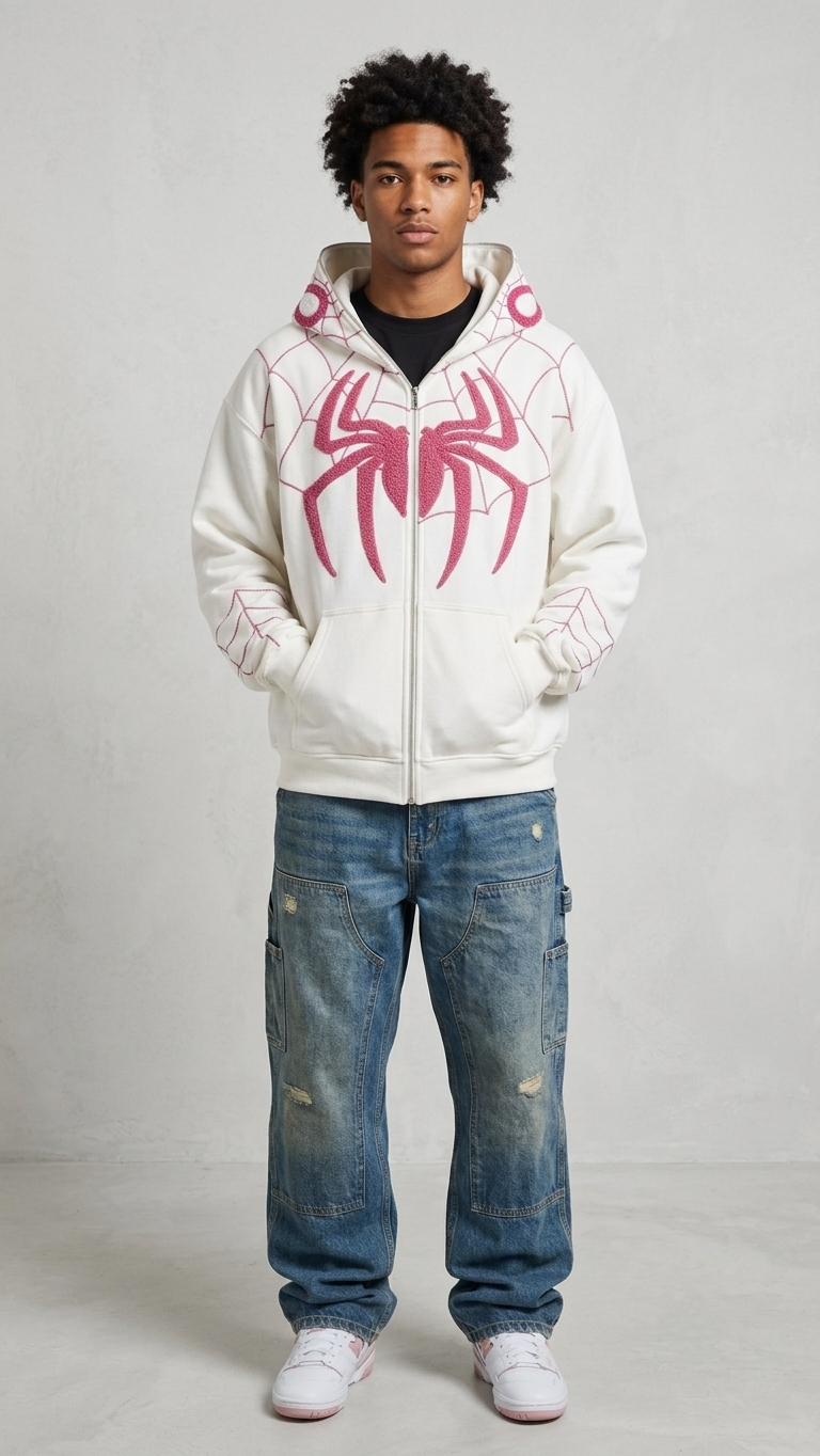 Male model wearing the heavy GSM white Spiderman embroidered streetwear hoodie.