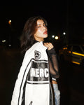 Styling the Mercedes Leather Racing Jacket - Female Model Lifestyle Pose