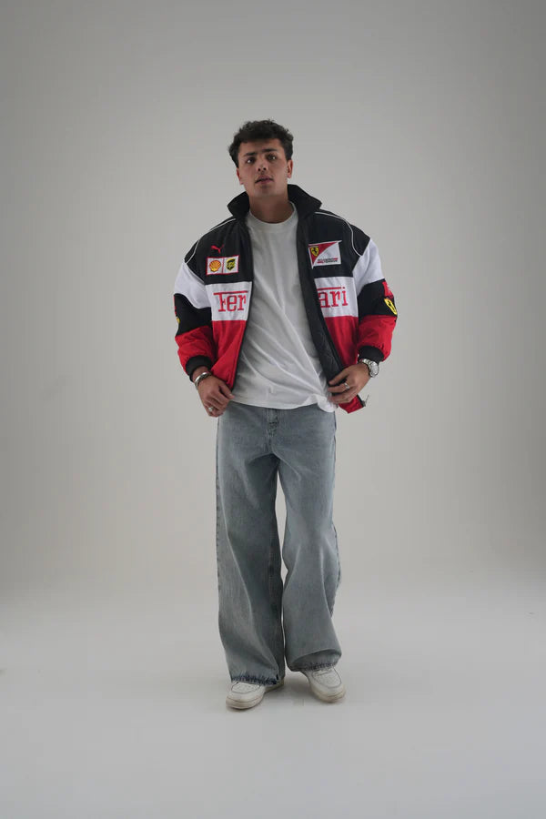 Streetbred Black Ferrari Jacket Back View featuring Large Embroidery and The Trio Graphic