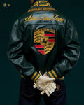Model fully styled in the premium green vintage Formula 1 leather jacket. Highlights the luxury ALD aesthetic and the comfortable, boxy Y2K racing leather fit designed exclusively for high-end winter motorsports clothing in India.