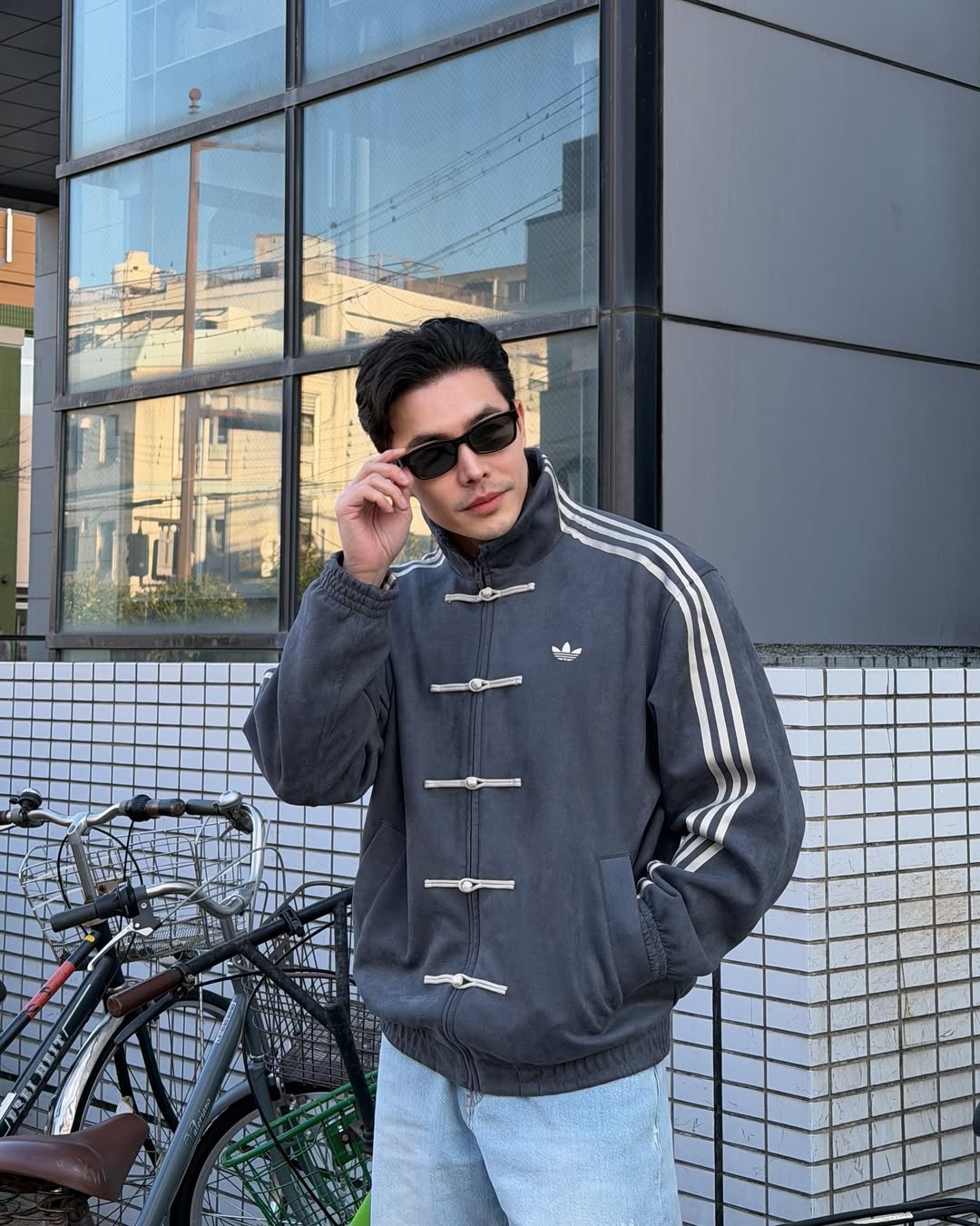 Oversized Grey Adidas CNY Jacket - Heavyweight Suede Back Profile STREETBRED