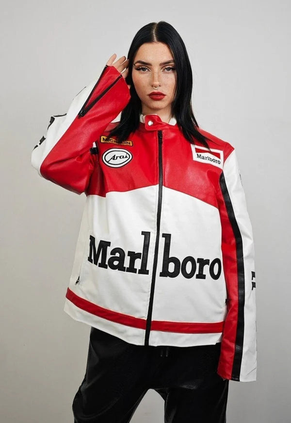 Styling the Oversized Motorsport Leather Jacket - Dynamic Female Model Pose
