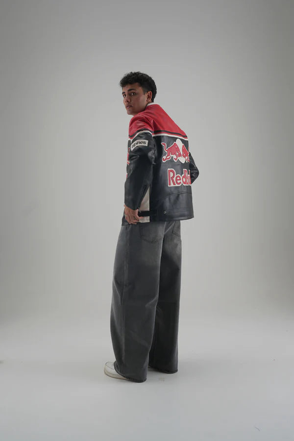 Styling the Oversized Red Bull Leather Jacket - Male Model Streetbred Aesthetics
