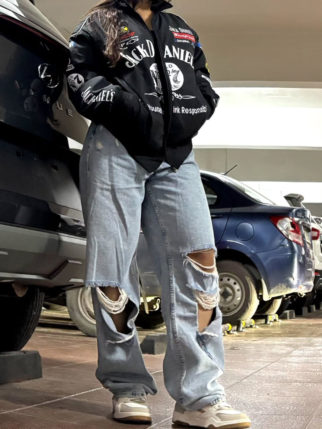  Women's oversized streetwear outfit featuring the Jack Daniel's motorsport bomber jacket