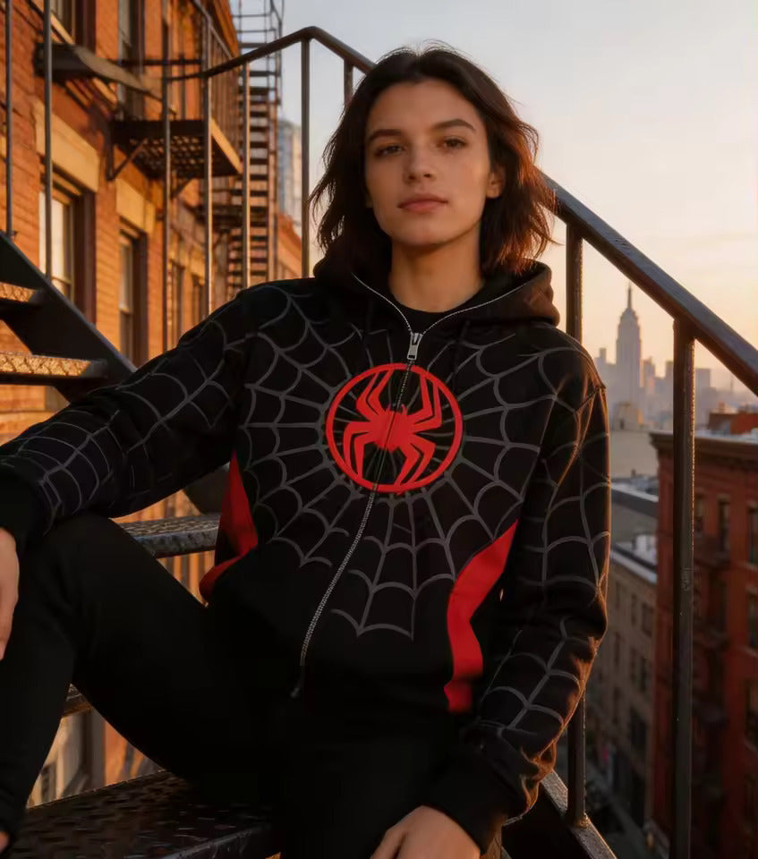 Premium Black Spider Zip-Up Hoodie Heavyweight Fleece Material