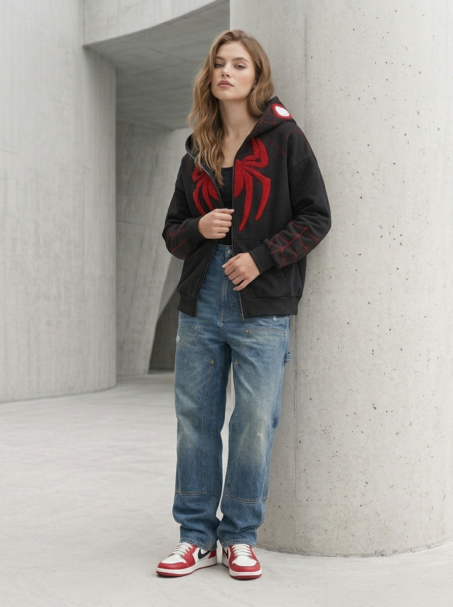 Full length view of a female model wearing the black Spiderman chenille embroidered hoodie for winter.