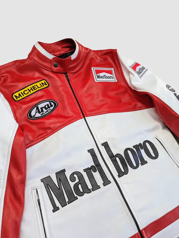 Close-up Detail of Arai and Michelin Embroidery on Premium Faux Leather Texture