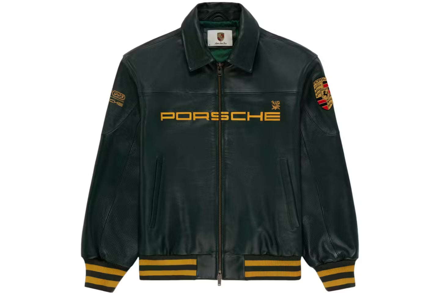 Direct front view of the Unisex Premium Porsche 993 Leather Jacket in deep forest green. Shows the heavy PU vegan leather, the gold Porsche chest embroidery, and the bold black-and-yellow striped ribbed waist defining the classic Formula 1 gender-neutral aesthetic.