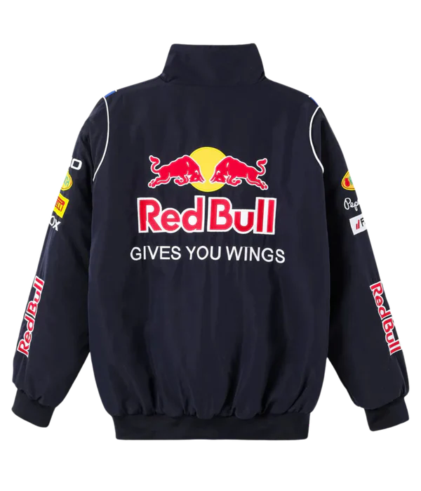 Flat Lay Back View Red Bull Embroidered Jacket - Gives You Wings Text and Logo Detail