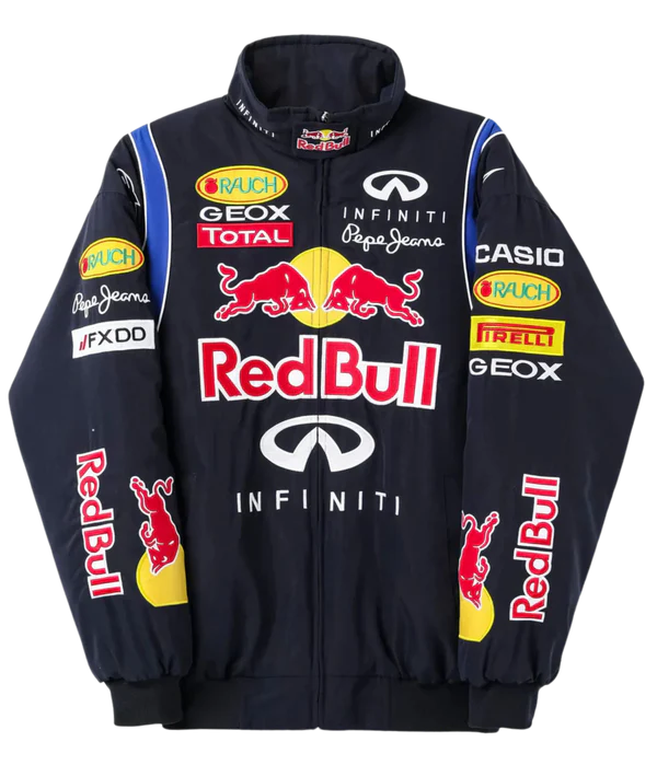 Flat Lay Front View Red Bull Embroidered Jacket - All Sponsor Logos Detail
