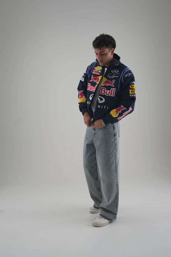 Three-Quarter View Red Bull Embroidered F1 Jacket - Oversized Streetwear Fit
