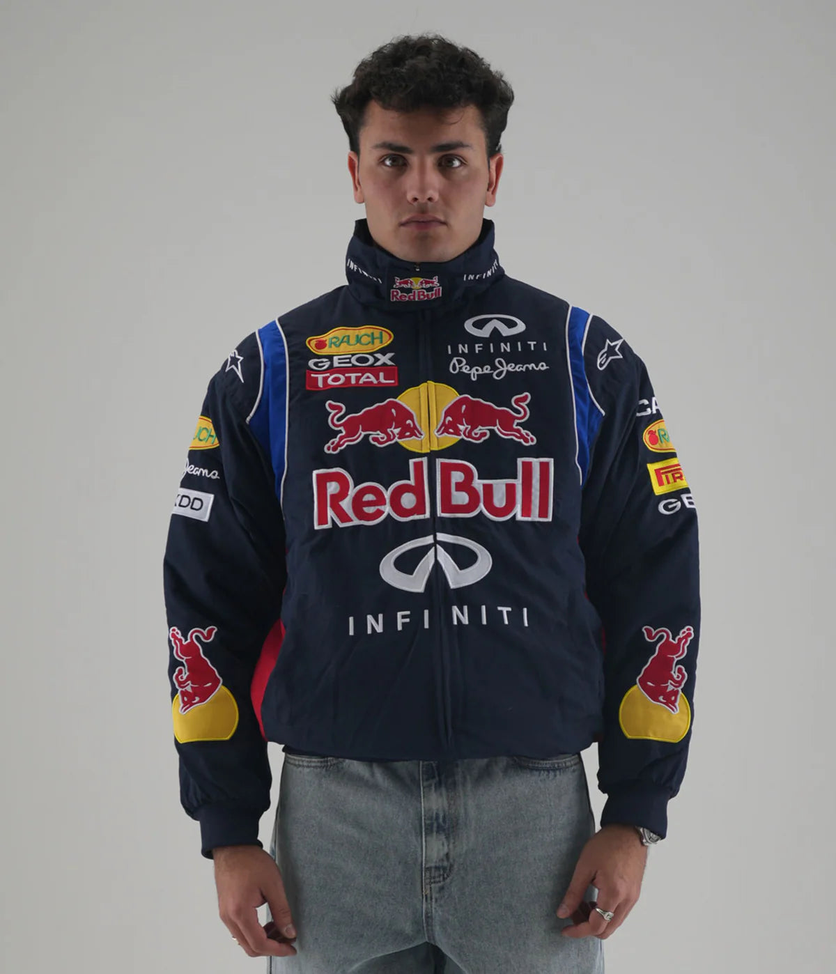 Red Bull F1 Embroidered Jacket Front View - Sponsor Patches Infiniti Pirelli Renault