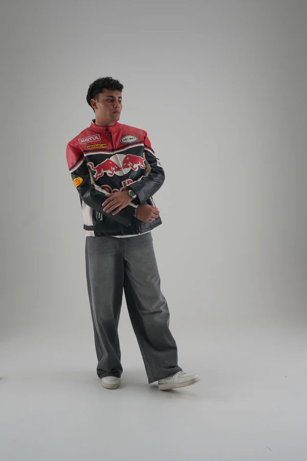 Red Bull F1 Leather Jacket Side View Showing Michelin and STP Sponsorship Patches
