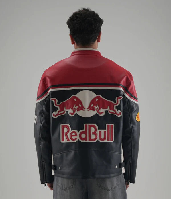 Close-up Detail of Red Bull Logo Embroidery and Premium Faux Leather Texture
