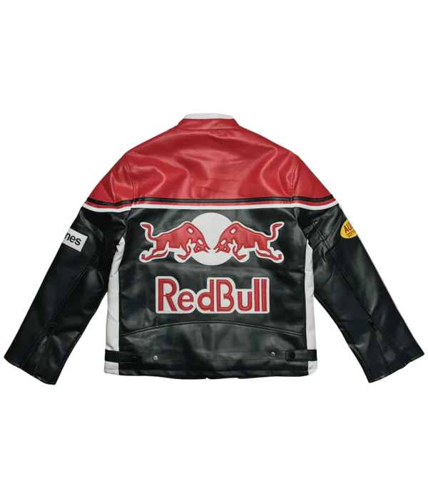 Flat Lay View of Red Bull Leather Racing Jacket - Red Black Color Blocking