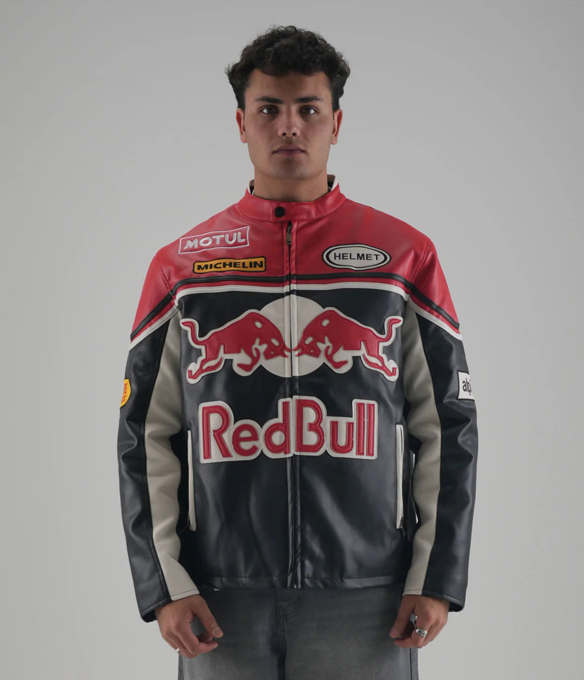 Red Bull Premium Leather Racing Jacket Front View - Male Model Streetwear