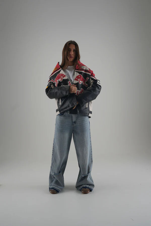 Close-up of Red Bull Motul and Michelin Embroidered Patches on Motorsport Jacket
