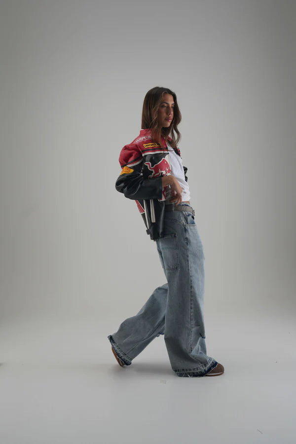 Detailed Shot of Reinforced Collar and Neck Logo on Red Bull Leather Jacket
