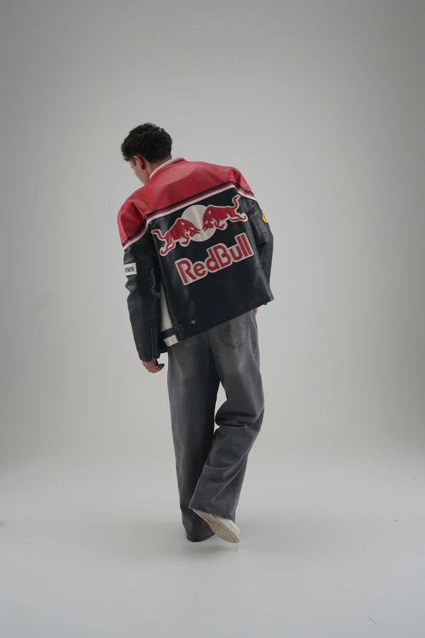 Red Bull Racing Streetwear Full Outfit with Leather Jacket and Cargo Pants
