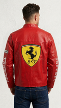 Back view of the Red Ferrari F1 Leather Jacket by Streetbred displaying the massive, high-quality embroidered Scuderia Ferrari horse logo on premium structured faux leather.