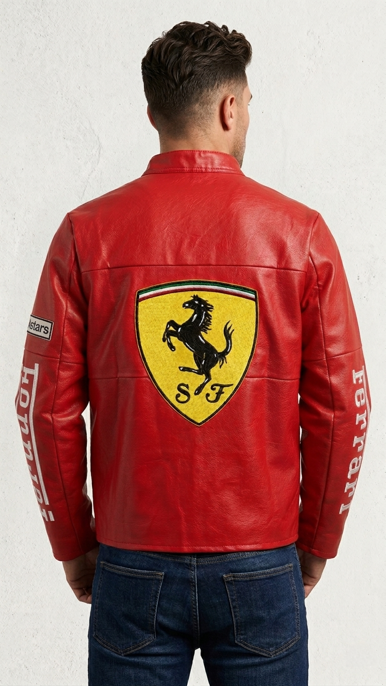 Back view of the Red Ferrari F1 Leather Jacket by Streetbred displaying the massive, high-quality embroidered Scuderia Ferrari horse logo on premium structured faux leather.