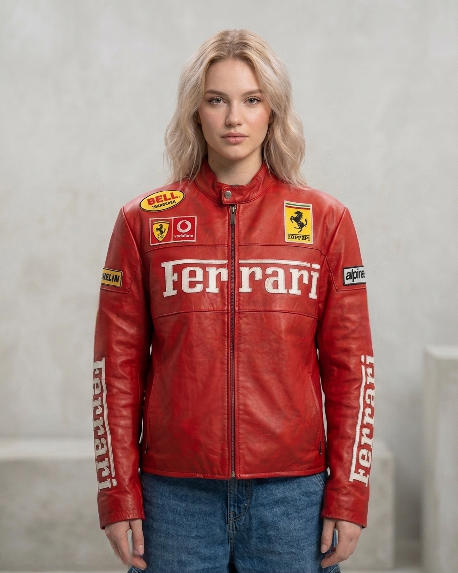 Close-up of the Red Ferrari F1 Leather Jacket by Streetbred showing premium high-quality embroidery, heavy-duty front zip, and structured faux leather texture.
