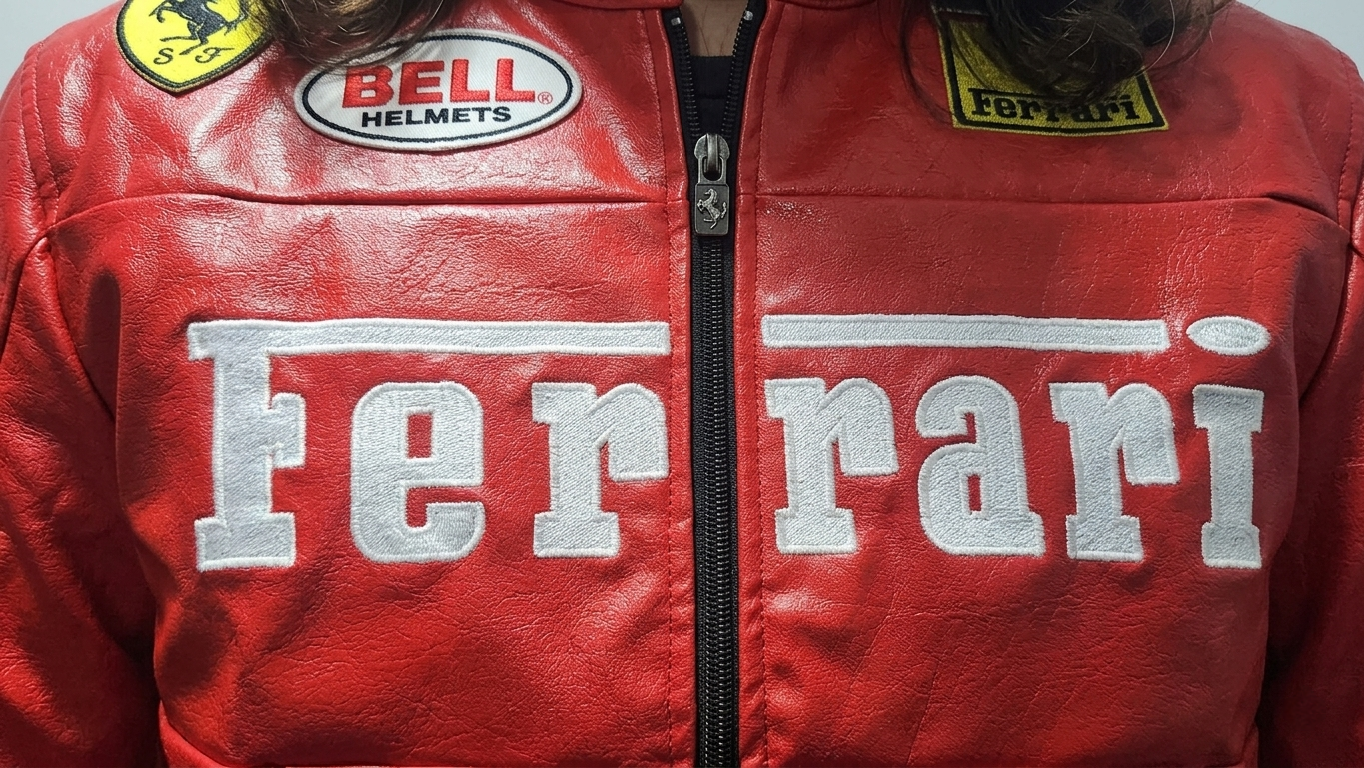 Macro close-up of the Red Ferrari F1 Leather Jacket by Streetbred, specifically highlighting the heavy-duty metal zip quality, structured faux leather grain, and premium high-density embroidery.