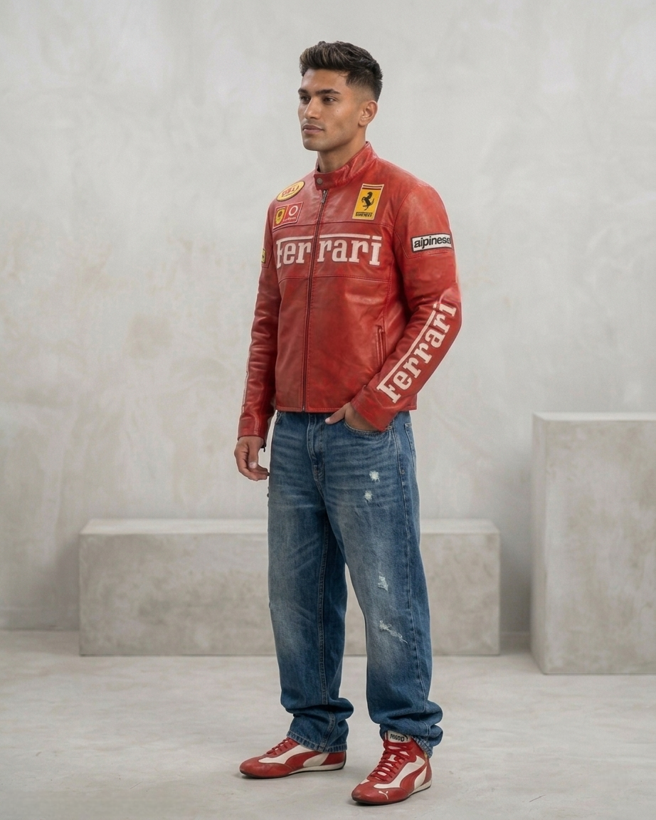 Man modeling the Red Ferrari F1 Leather Jacket by Streetbred, highlighting the oversized drop-shoulder fit, sleeve zips, and vintage racing aesthetic.