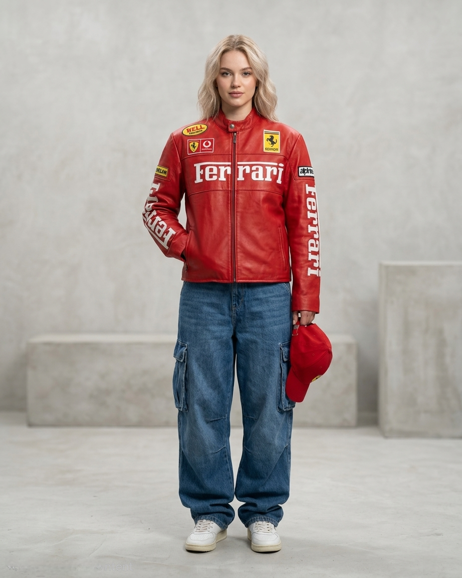 Woman wearing the Red Ferrari F1 Leather Jacket by Streetbred, featuring a vintage boxy crop fit, structured faux leather, and embroidered racing patches.