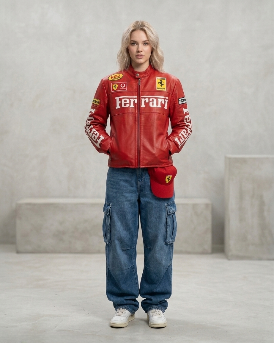Streetwear styling of the unisex Red Ferrari F1 Leather Jacket by Streetbred, paired with baggy denim for an aggressive Y2K Blokecore look.