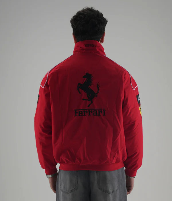 Back View of Red Ferrari Embroidered Jacket Showing Iconic Prancing Horse Logo
