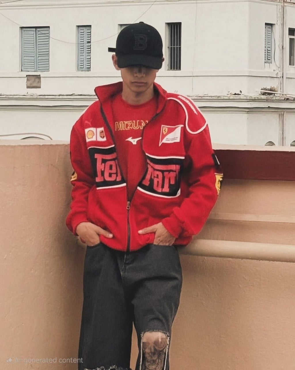 Ferrari Red Racing Jacket Streetwear Biker Style - Male Model Outdoor
