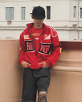 Ferrari Red Racing Jacket Streetwear Biker Style - Male Model Outdoor
