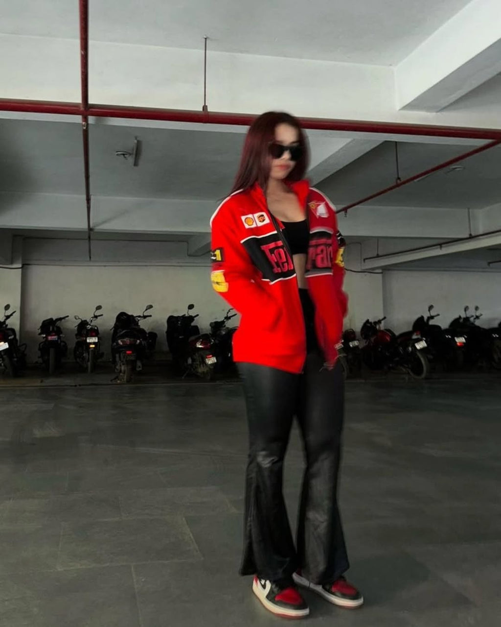 Vintage Red Ferrari Racing Jacket Full Body View - Streetbred Gear

