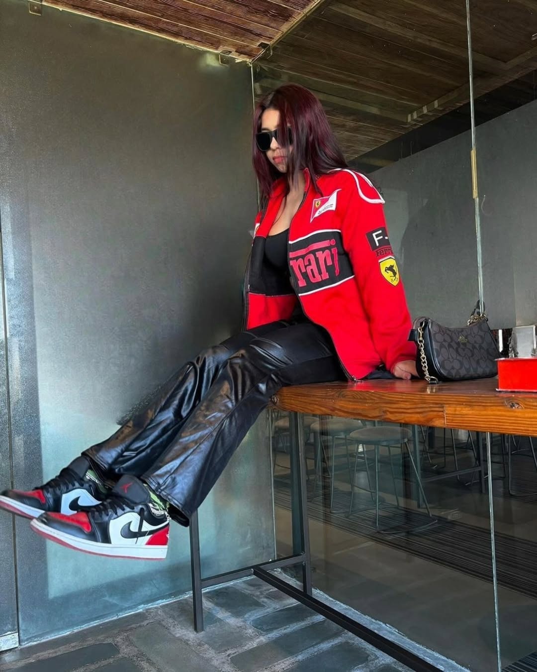 Red Ferrari Racing Jacket Front View - Female Model Streetbred India
