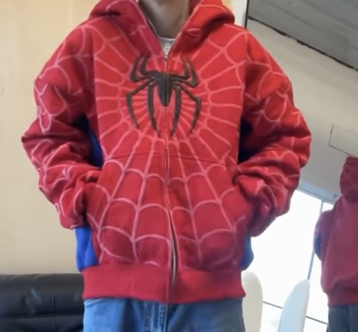 3D Puff Print Spider Web Back Design on Red Spider Hoodie