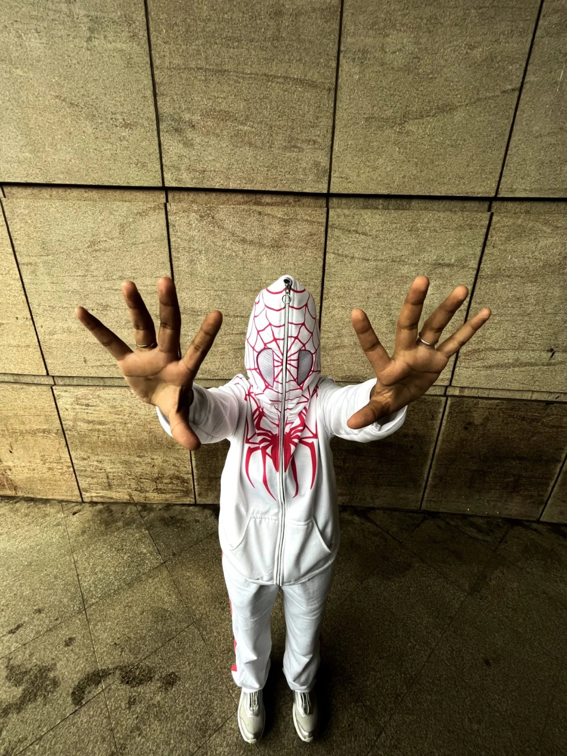 Full Length View of White Spiderman Web Hoodie Streetwear Outfit with Track Pants
