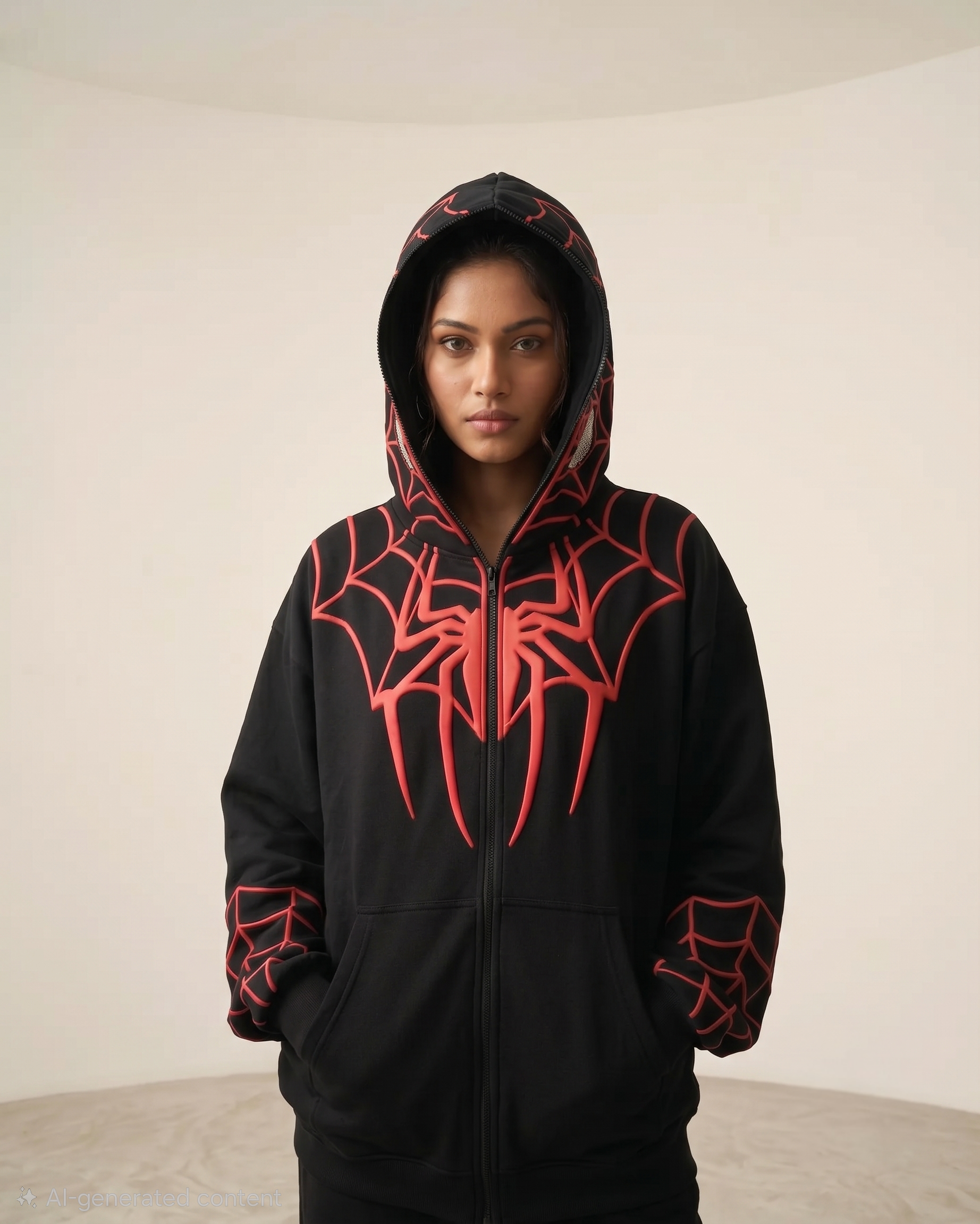 Female Streetwear Model wearing the Black Spider-Man Zip-Up Hoodie by Streetbred