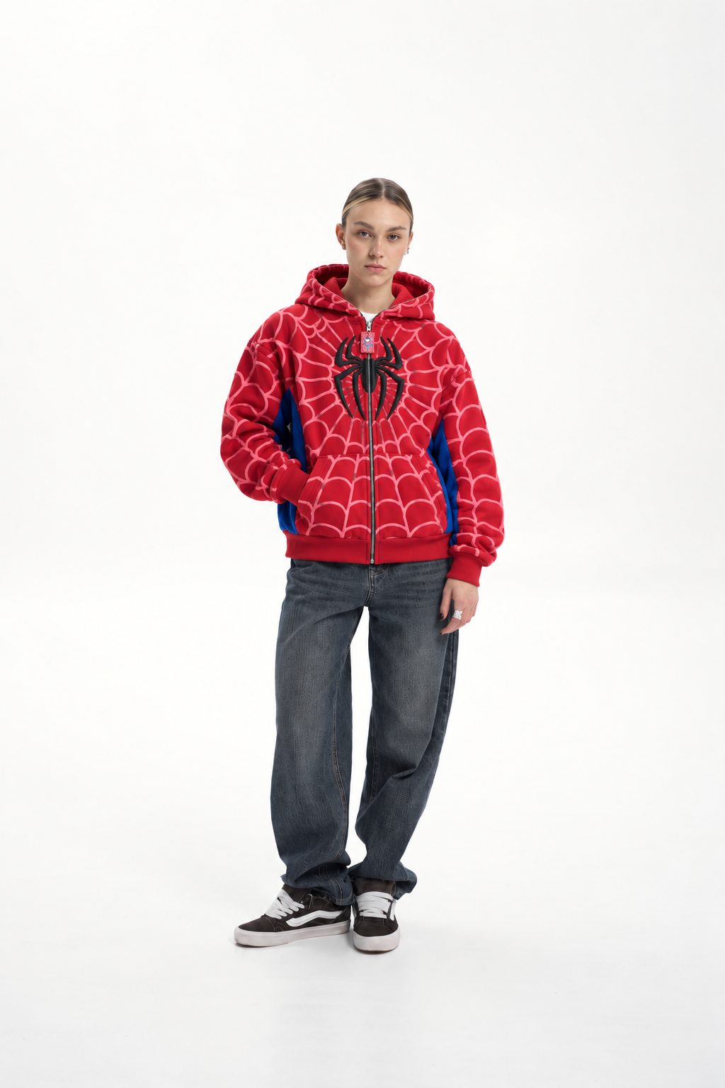 Standalone product view of the Black Streetbred Spidey Zip-Up Hoodie, focusing on the premium quality and plain background presentation