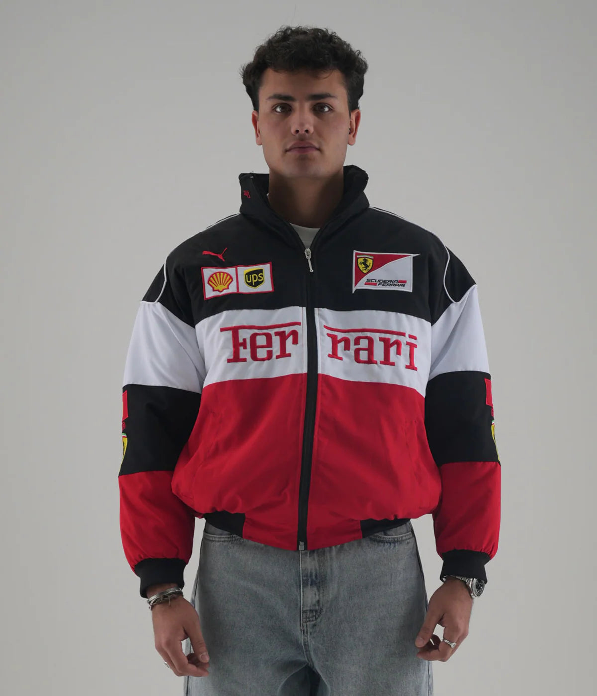 Black Ferrari F1 Embroidered Racing Jacket Front View by Streetbred